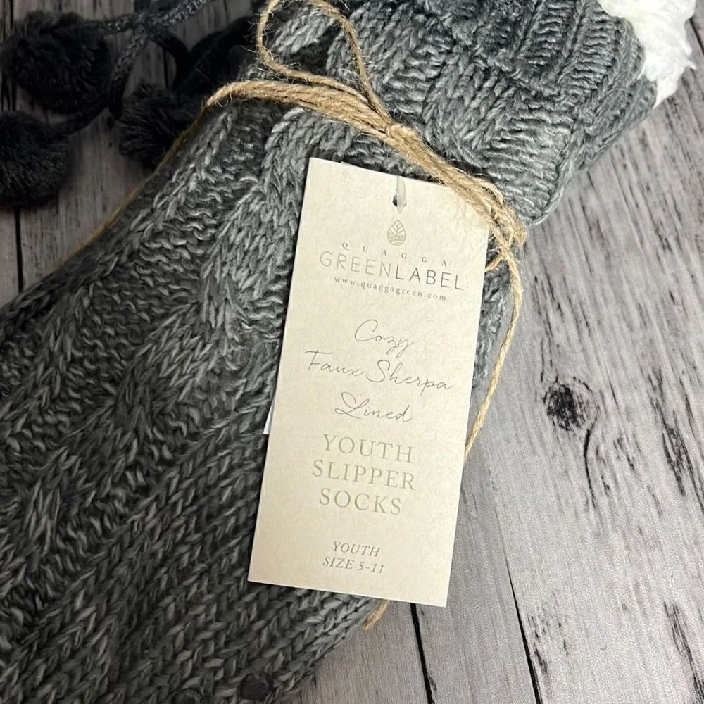 Green Label Girl's Cozy Faux Sherpa Lined Youth Slipper Socks Black Size 5-11 NW
